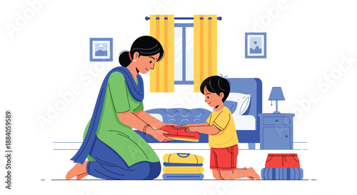 Vector illustration of an Indian mother teaching her child to fold clothes, encouraging responsibility and life skills through family interaction in flat vector style