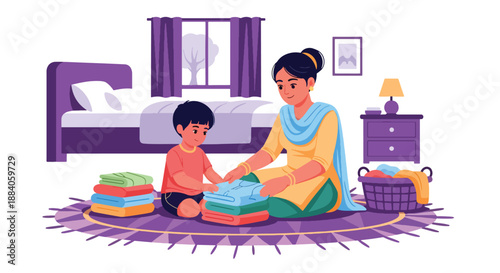 Vector illustration of an Indian mother teaching her child to fold clothes, encouraging responsibility and life skills through family interaction in flat vector style