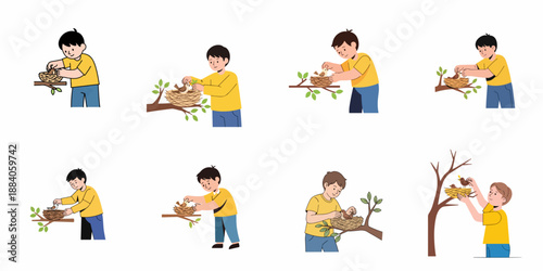 Set of 8 illustrations showing boys caring for a bird in a nest on a tree branch, symbolizing compassion, nature education, and wildlife rescue.