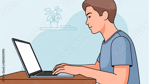 Young man focused on typing on a laptop computer screen.