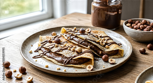 Two crepes with chocolate paste and hazelnuts on a plate 