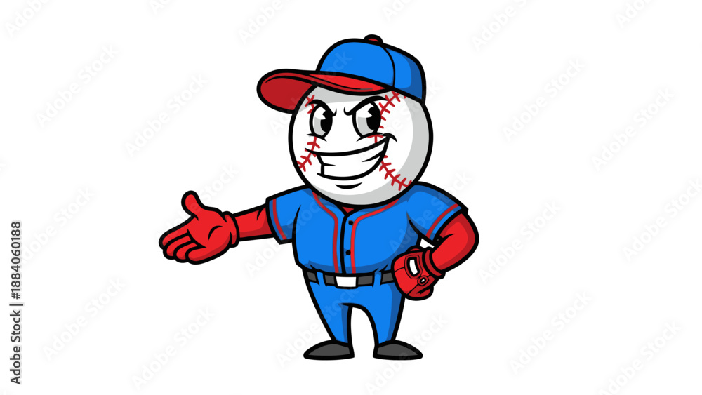 Naklejka premium Cartoon Baseball Character Mascot with Blue Uniform, Cap, and Mitt