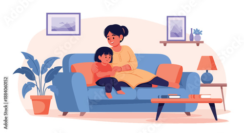 Vector illustration of an Indian mother and child relaxing together on a sofa, showing peaceful family bonding and warm everyday life in flat modern vector art