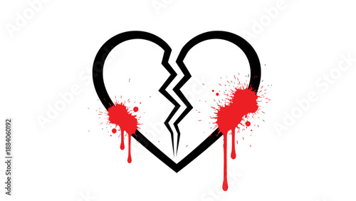 Broken Heart Symbol with Red Blood Splatter, Sadness, Pain, Loss