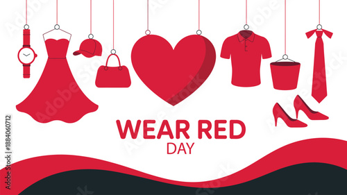  wear red day awareness banner with red clothing accessories and heart symbols, heart health campaign illustration, national health awareness event design