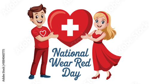  national wear red day illustration with cartoon couple holding heart and medical cross, heart health awareness campaign design, healthcare prevention and love concept