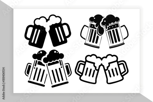 Cheers Beer Mugs Icon Silhouette Isolated on White Background. Beer mugs touching rims with foam on a white background clinking. Beer Cheers Mug black isolated icon silhouette vector art illustration.