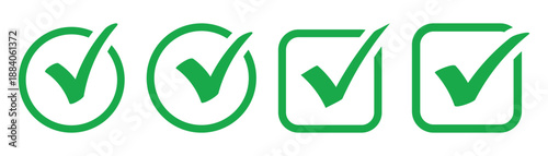 Green check box icon with correct, accept checkmark icons green tick box, check list circle frame. Checkbox symbol sign. Check mark box square frame vector illustration.