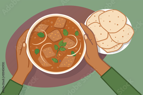 Top Down Hands Holding Roti Curry Bowl Ill