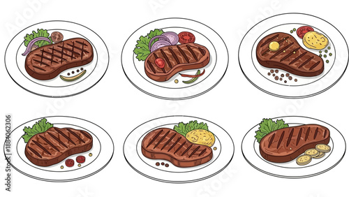 Grilled Steak Dishes on White Plates.