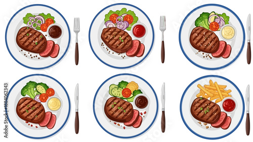Grilled Steak Meal Plates with Utensils.