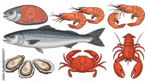 Seafood Illustration with Various Crustaceans and Fish.
