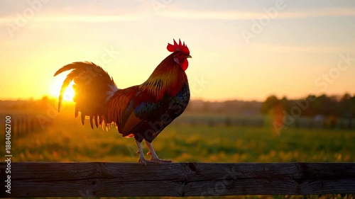 Colorful rooster crowing on a rustic wooden fence at sunrise in a rural farm setting