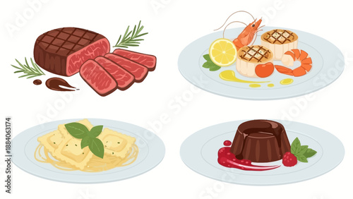 Assorted Gourmet Dishes on White Plates.
