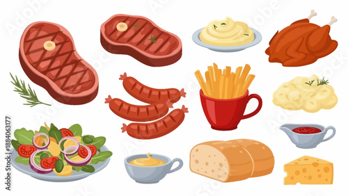 Assorted Food Items on White Background.