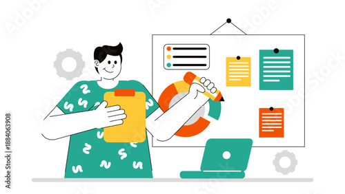 A man holding a clipboard standing in front of a white board with sticky notes and charts for project planning