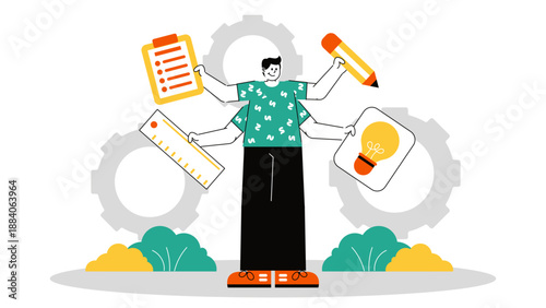 Businessman with multiple arms handling various tasks like planning and creative ideas