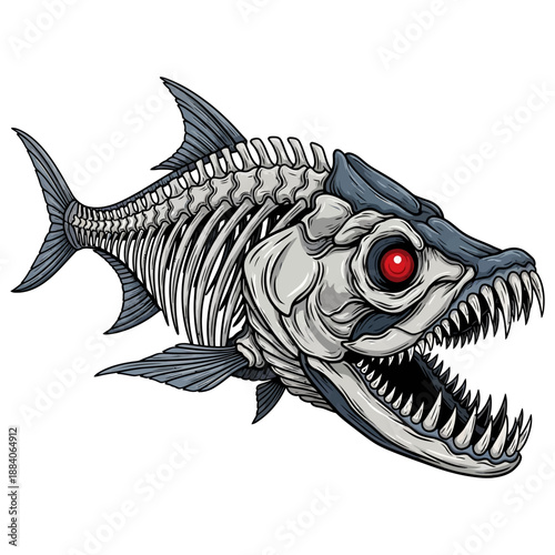 Tarpon fish skeleton vector illustration with sharp teeth and red eye isolated on white background