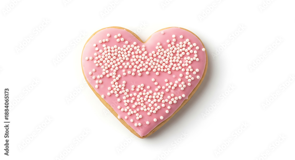 Fototapeta premium Pink heart-shaped cookie with white sprinkles