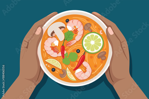 Top Down Hands Holding Tom Yum Bowl Illust