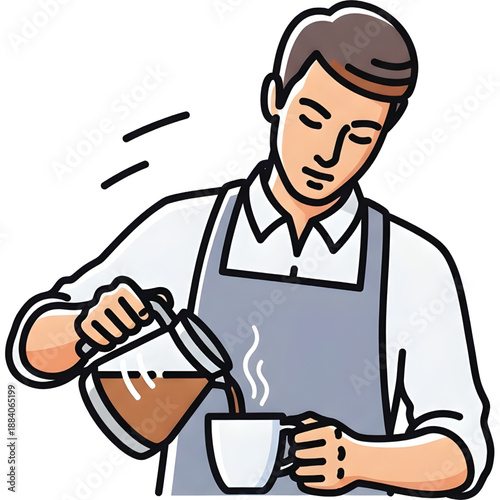 Vektor ilustrasi barista pria menuang kopi panas, gaya logo minimalis, isolated on white background