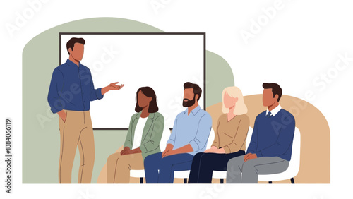 Diverse group attending business presentation with speaker at whiteboard