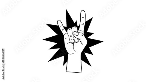 A hand making a rock on sign with a starburst behind it