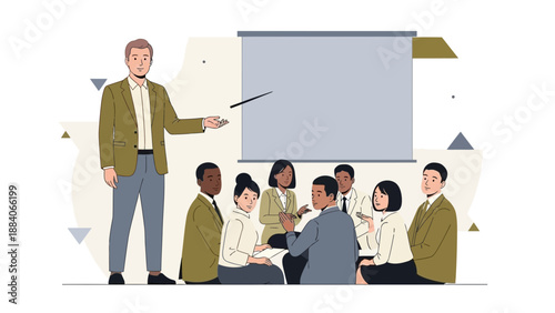 Diverse team learning from presenter at business meeting with projector screen