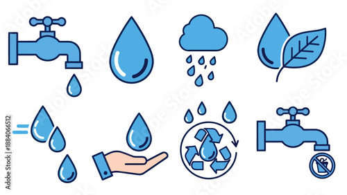 Water Conservation Icons: Faucet, Rain, Drop, Recycling, Leaf, Hand