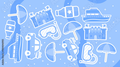 Marine blue pattern featuring ships sandcastles and car travel for summer seaside vacation