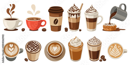 Diverse collection of delicious hot and cold coffee drinks with artistic latte art and toppings