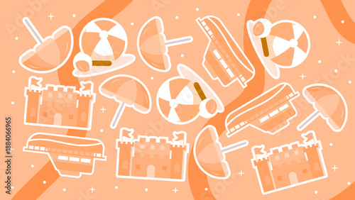 Summer beach shore elements including sand castles and beach balls