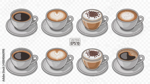 Collection of Coffee Cups with Various Designs and Toppings