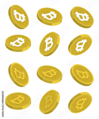Set of spinning and falling 3D gold Bitcoin coins. Cartoon 3D Vector isolated on white background