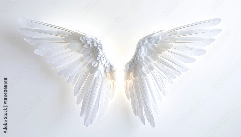 Fototapeta premium Abstract White Wings Sculpted on White Wall with Soft Backlighting and Pixelated Details