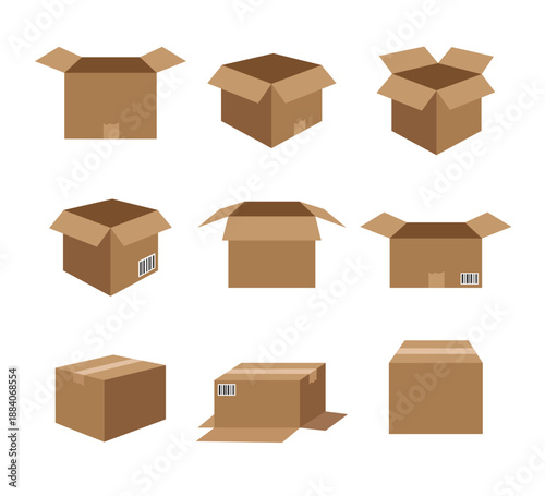 Cardboard boxes vector illustration set featuring nine brown carton boxes. Includes open and closed boxes in different angles, with front and side views in a minimal graphic style.