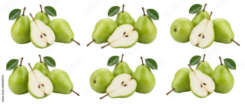Obraz premium Ripe Green Pears Grouped Together, One Pear Halved Showing Seeds