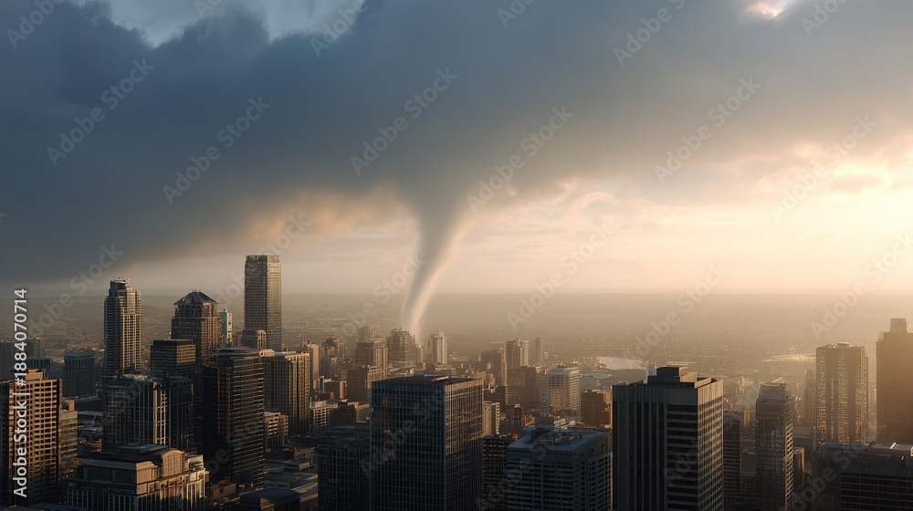 Fototapeta premium Massive tornado touches down over a dense cityscape with tall modern buildings under stormy skies