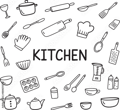 Kitchen utensil equipment element food outline culinary tools cook appliances home sketch