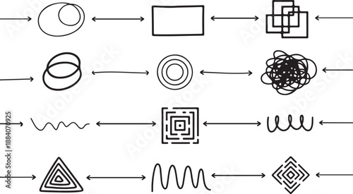 Problem solving and complexity concept with arrows and abstract shapes like circle rectangle square