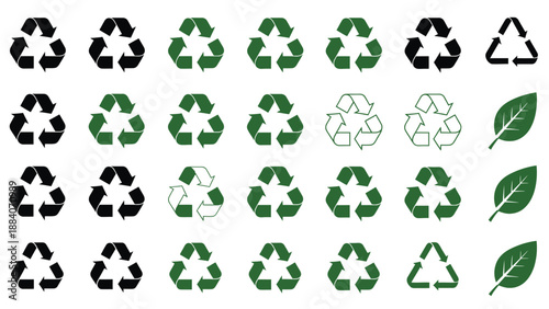 Collection of various stylized universal recycling symbols in black green and outline variations along with natural green leaf icons representing environmental awareness and sustainability concepts
