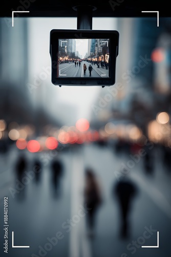 CCTV Surveillance Screen Monitoring Urban Street, Public Safety and City Security Concept