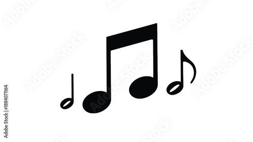 Scattered black musical eighth note symbols float suspended against a clean stark white background representing rhythm melody and digital audio concepts for creative works.