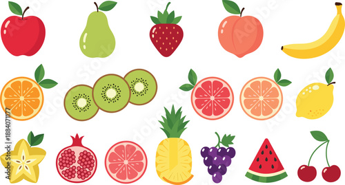 Flat Vector Fruit Icon Set Featuring Apple, Pear, Strawberry, Peach, Banana, Orange, Kiwi, Grapefruit, Lemon, Starfruit, Pomegranate, Pineapple, Grapes, Watermelon, and Cherry for UI Design