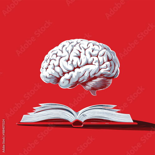 A surreal image of a brain engrossed in reading a book, emphasizing the powerful connection between knowledge acquisition and cognitive stimulation against a bold red background