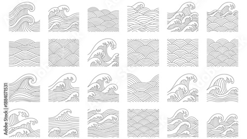 Collection of various traditional japanese style line art wave patterns perfect for graphic design elements or textile print inspiration in a striking black and white illustration set.