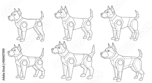 Set of six different robotic dog sketches showing various jointed positions and mechanical details in a black and white line art style.