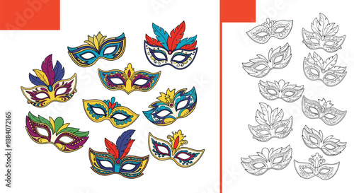 Educational page with colorful carnival masks and their corresponding black and white outlines for children to color and play.