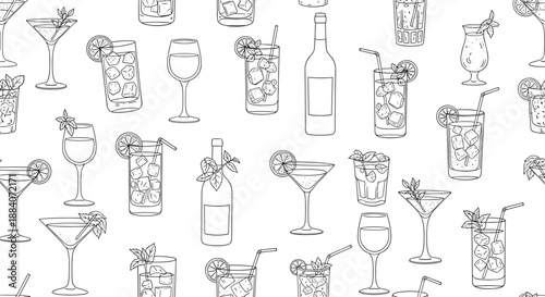 Black and white seamless pattern featuring outline drawings of different cocktail glasses bottles and garnishes for a bar theme.
