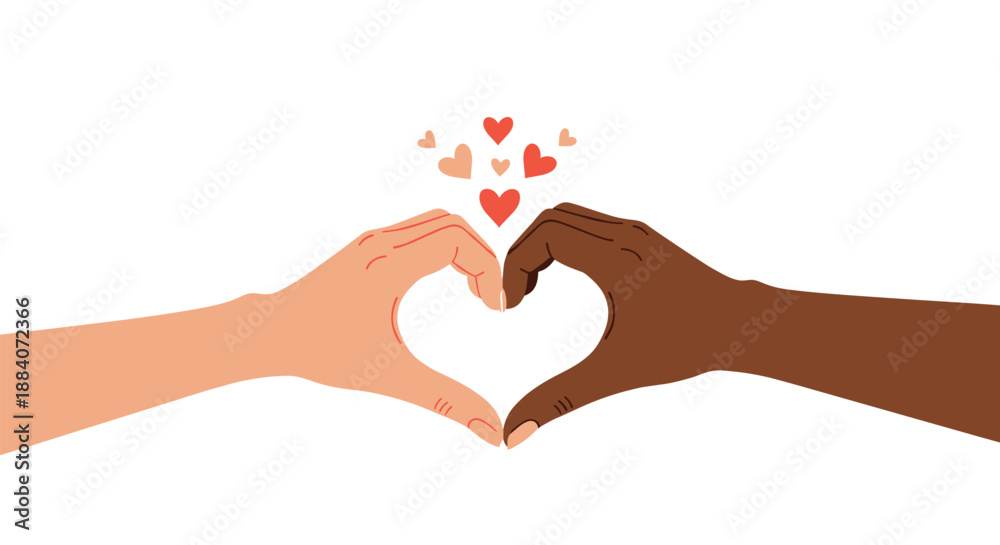 Fototapeta premium Hands of different skin tones come together to form a heart shape with small red hearts floating above to celebrate diversity and love.